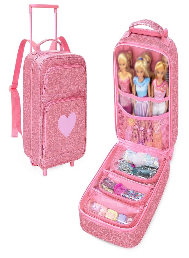 LoDrid Travel Backpack Compatible with Barbie Dolls 12-inch, Doll Carrying Case with Wheels, Suitcase Storage Organizer with Multiple Pockets for Doll Clothes and Accessories, Pink, Bag Only - Image 1